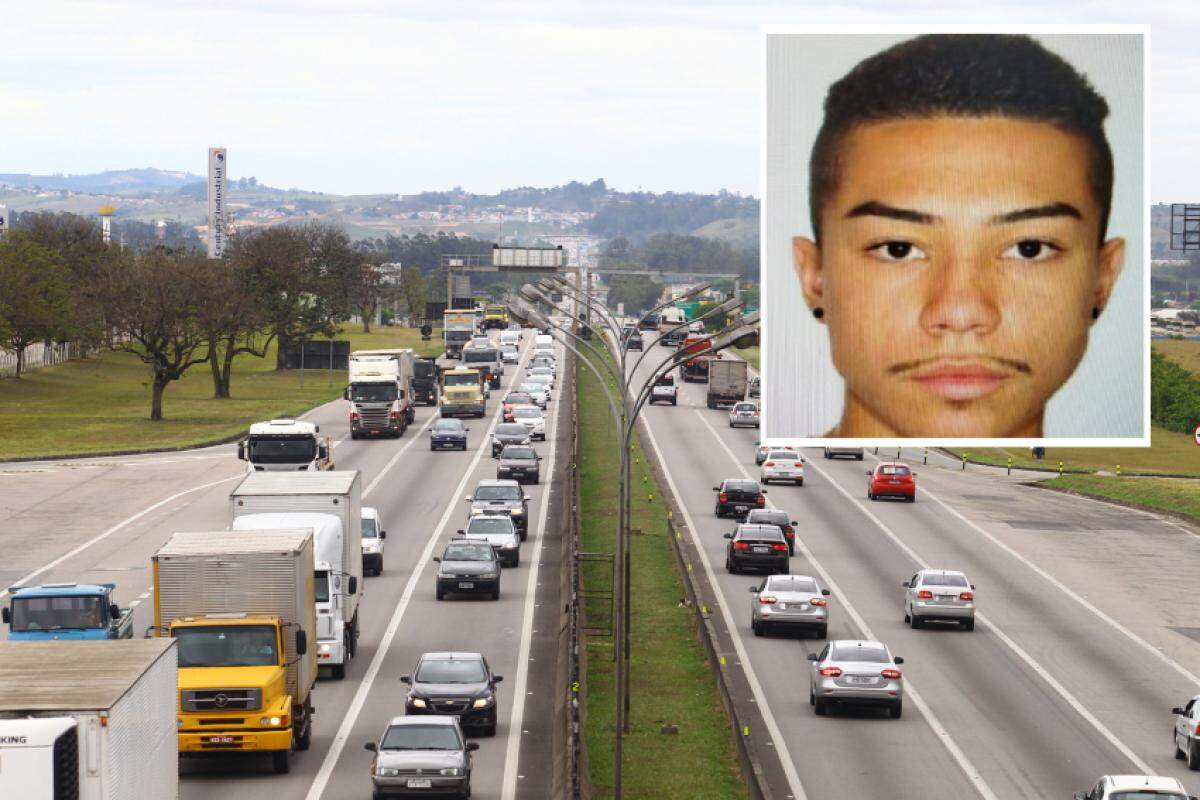 Via Dutra no Vale e a vítima do acidente, Pedro Mateus (no detalhe)