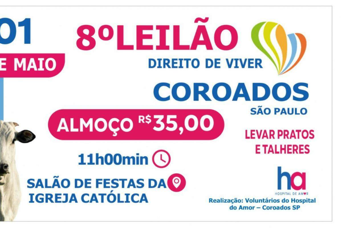 Almoço será neste domingo, 18, a partir das 11h, em Coroados