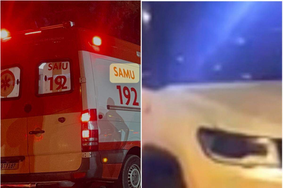 Ambulância do Samu que atendeu à ocorrência; veículo da vítima alvejado