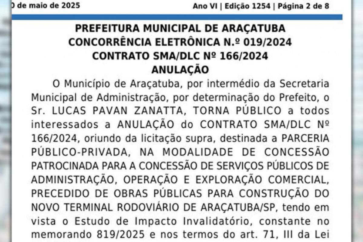 Contrato com empresa responsável pela obra foi anulado por orientação técnica e jurídica; PPP firmada em 2024 deixa de valer