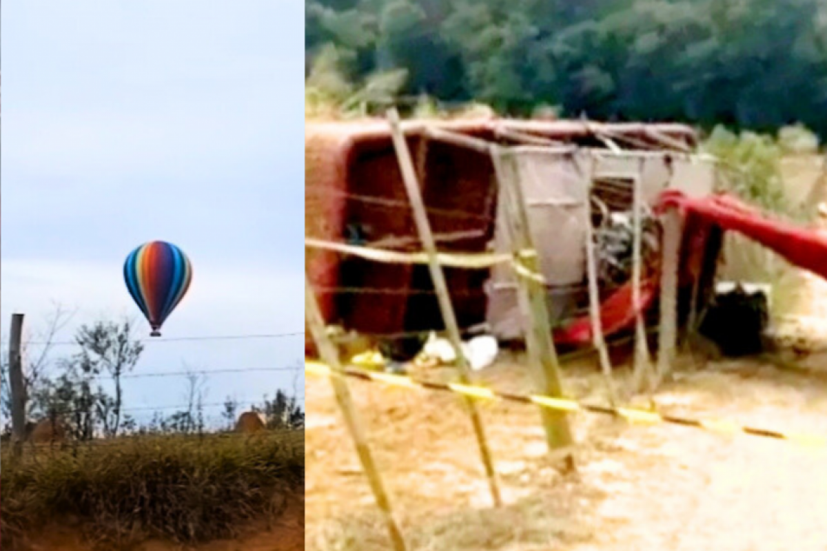 Após perder força, o balão caiu em uma área rural. 