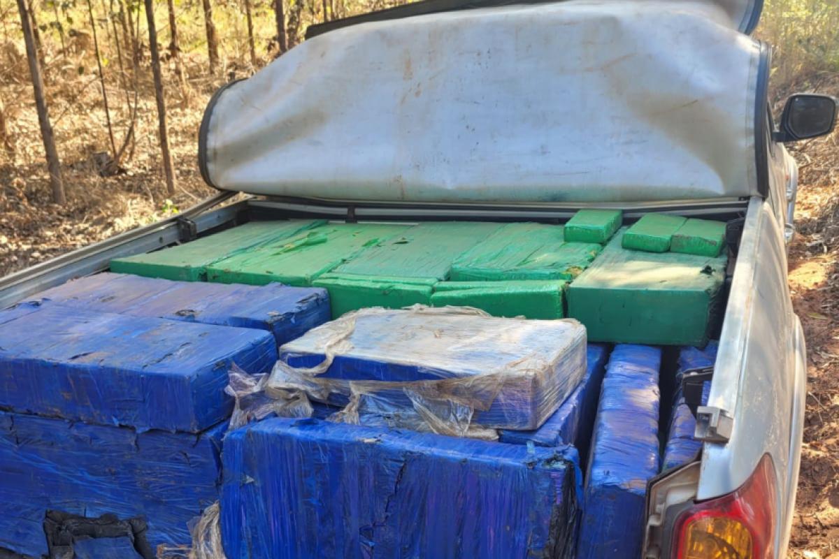 Muitas drogas estavam em uma caminhonete na mata.