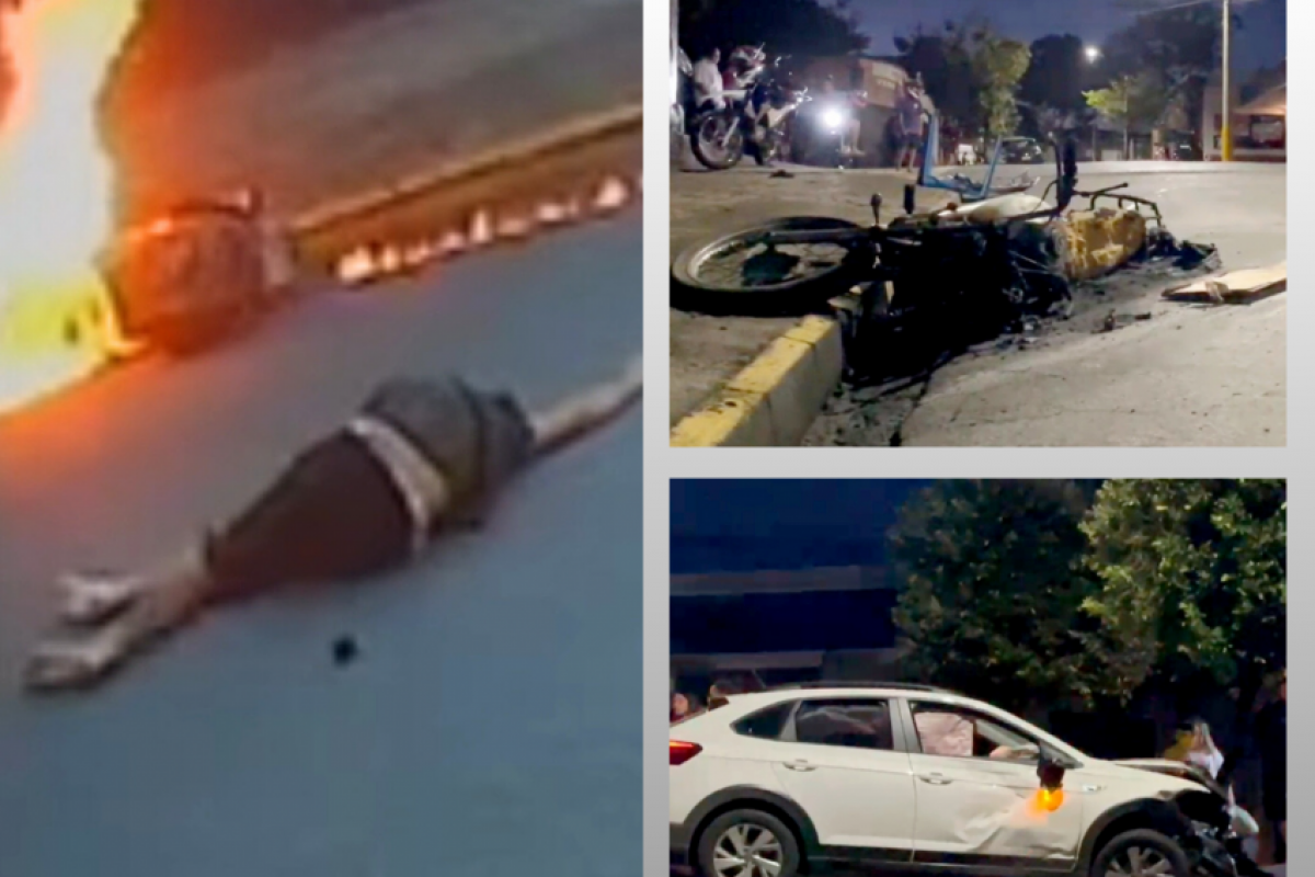 A motocicleta pegou fogo e a motociclista se feriu após a colisão com o automóvel no Parque Piracicaba. 