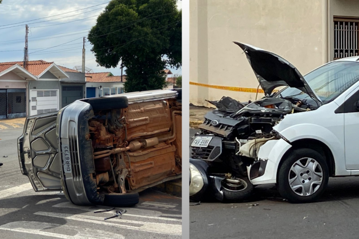 Com o impacto, um dos carros capotou na via.