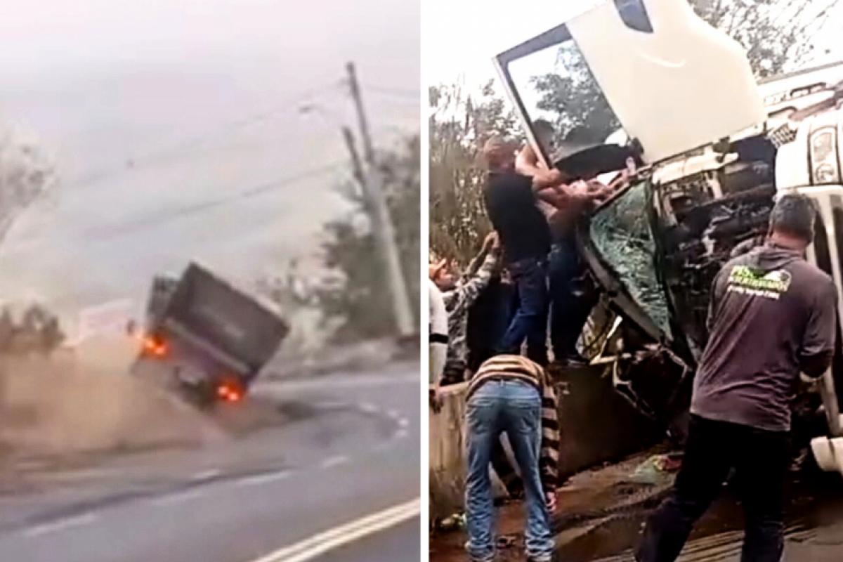 Após o tombamento na curva, populares resgataram o motorista ferido da cabine.