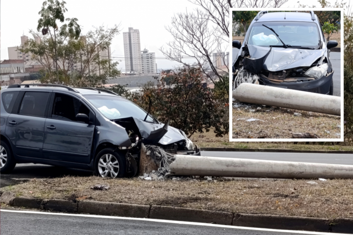 O automóvel Nissan Livina ficou destruído com o impacto da batida.