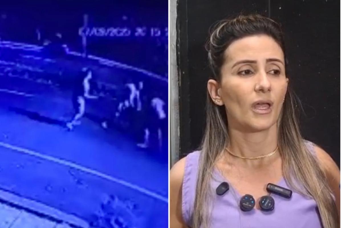 Momento em que Guilherme atira em Donizeti no chão; ao lado, Marisa de Oliveira, mãe do acusado Guilherme Vítor Silva Castro, de 21 anos