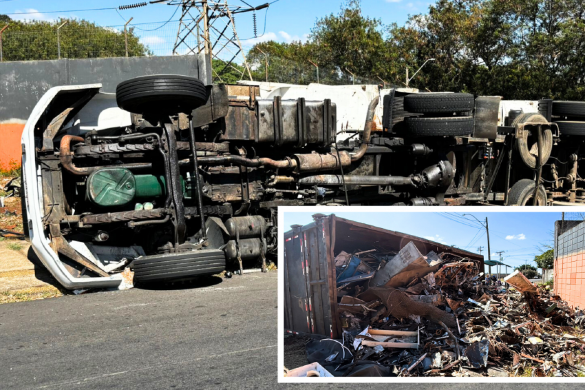A carreta tombou ao lado de um ponto de ônibus no Vila Fátima. 