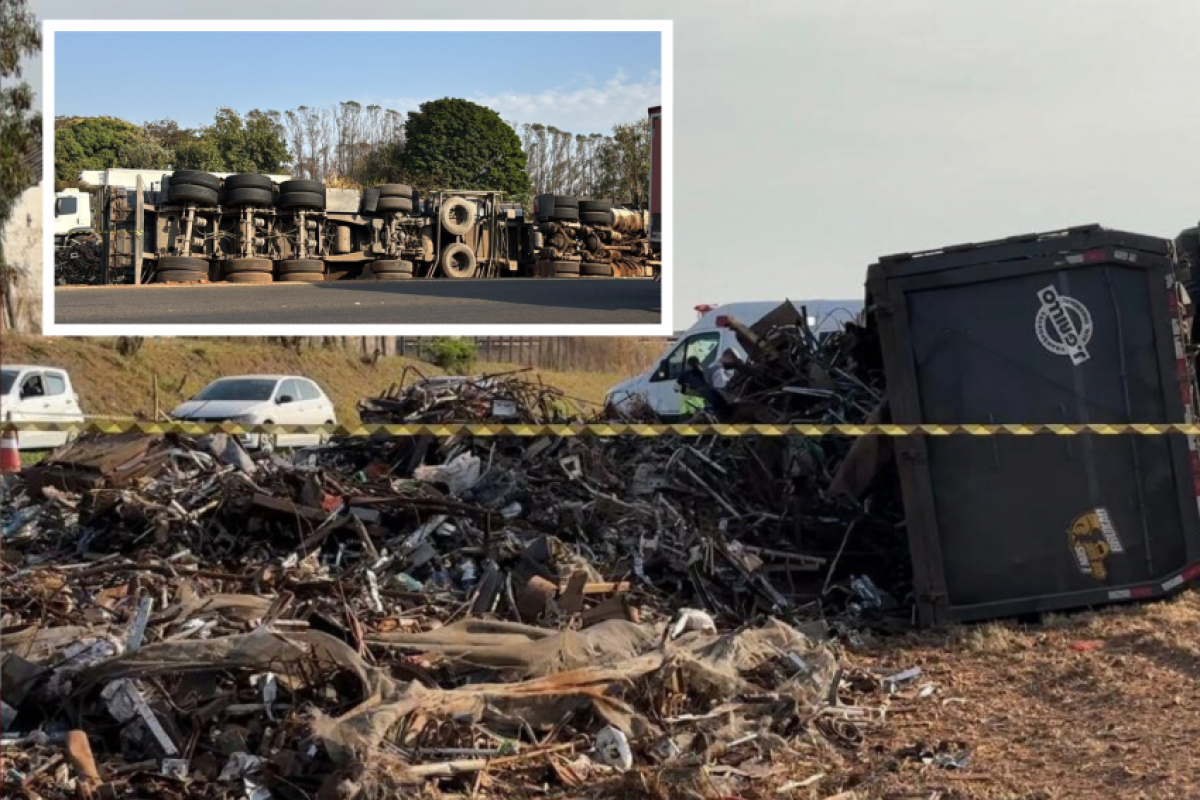 Com o tombamento do caminhão, a carga de sucata se espalhou pela pista e interrompeu o trânsito.