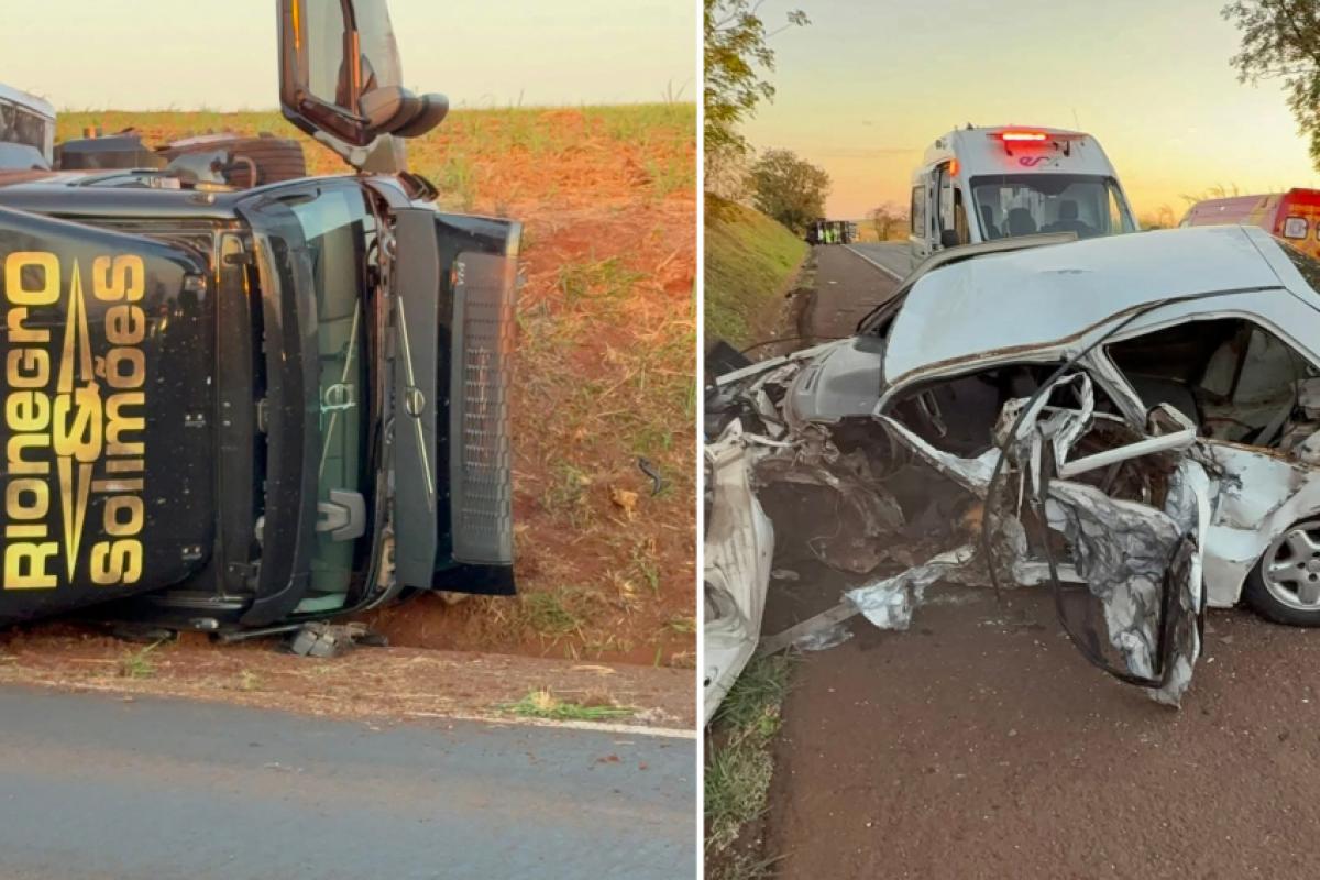 Caminhão tombou após colisão frontal 