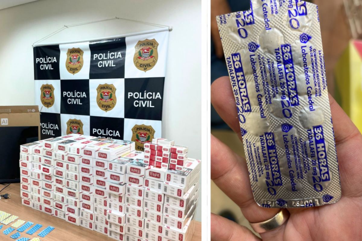 O cigarros e os medicamentos foram apresentados na delegacia. 