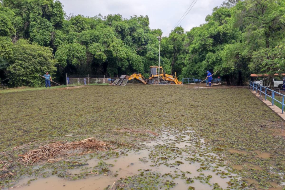 Equipe do DAE trabalhando na limpeza da lagoa, que está cheia
