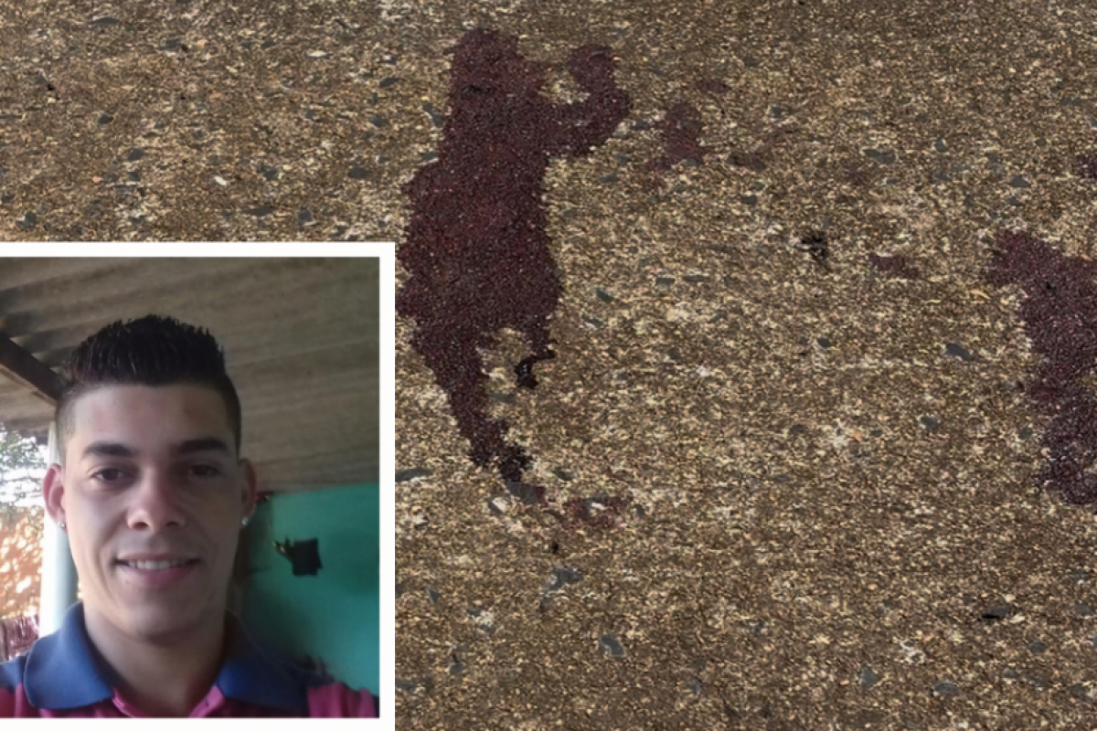 Vítima: Thamer Nogueira, de 32 anos; calçada ensanguentada onde ele foi encontrado, no Jardim Aeroporto