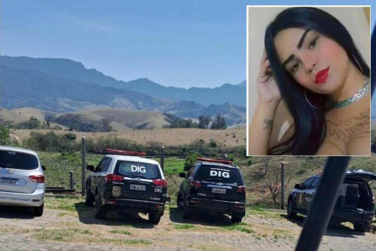 Carros da polícia perto do local onde Bruna (no detalhe) foi vista pela última vez