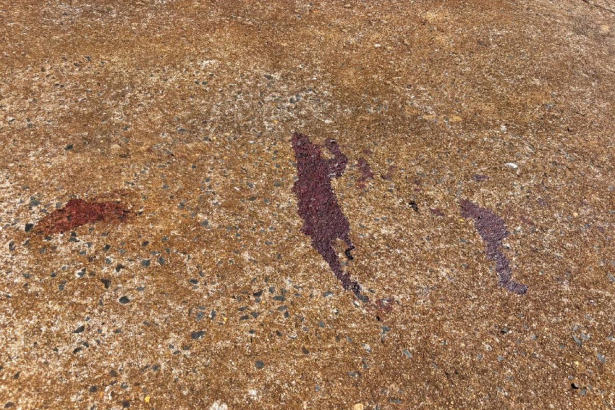 Marcas de sangue no chão do local onde vítima foi esfaqueada