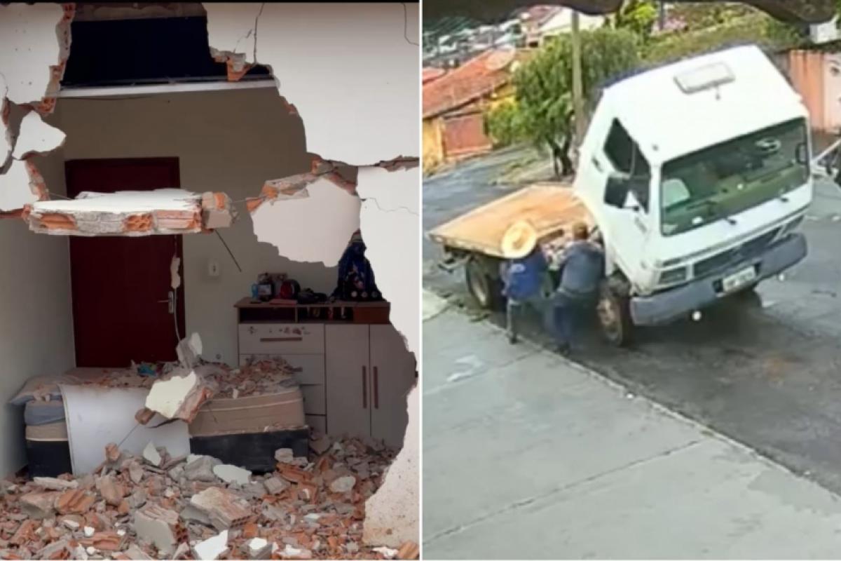 Condutor e ajudante tentam segurar caminhão 