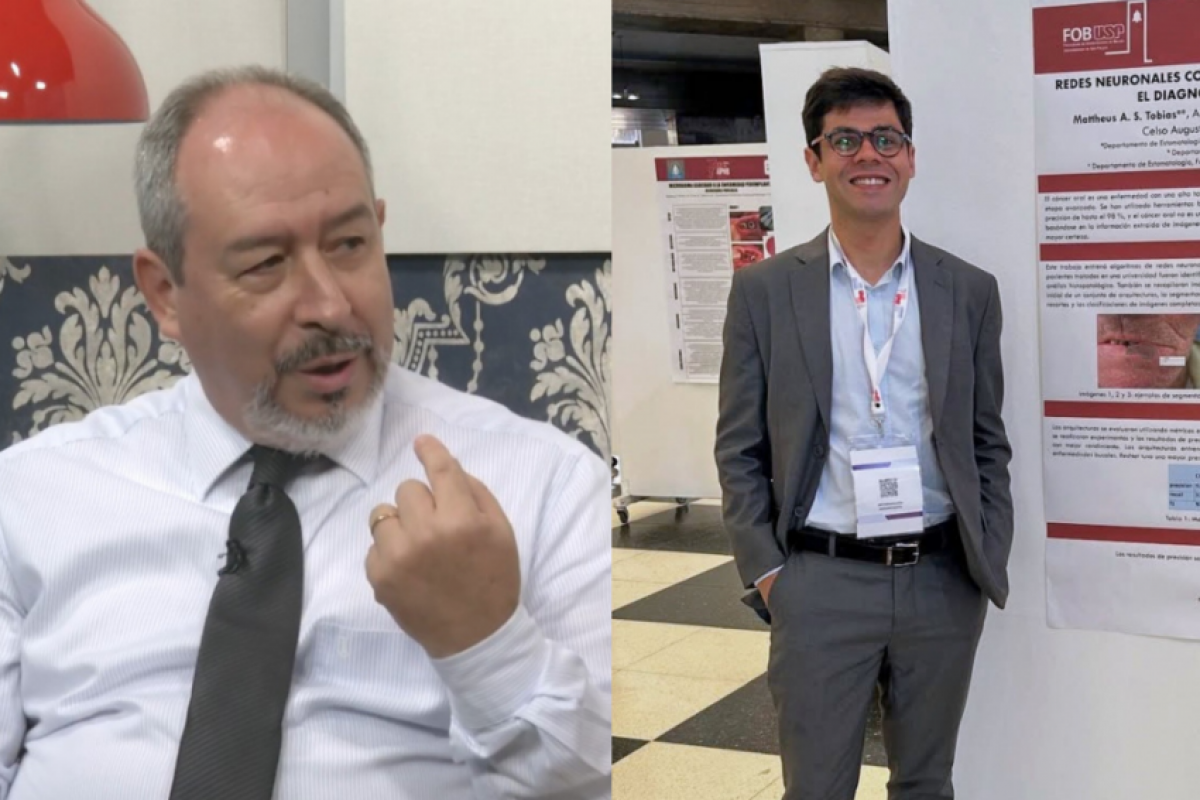 Professor da FOB Paulo Santos, orientador do estudo, e o pesquisador Mattheus Tobias durante congresso científico na Argentina