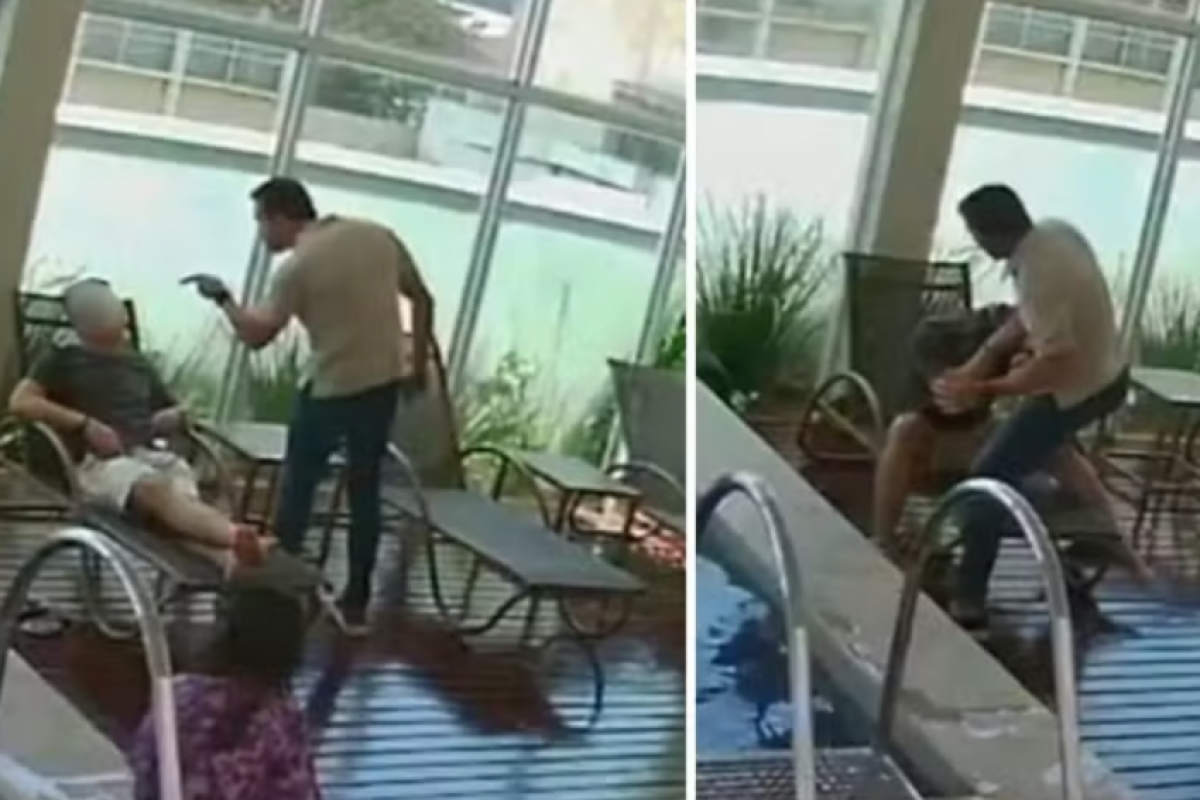 As imagens mostram o advogado Rodolfo Ramos Caiado discutindo com o médico, sentado numa cadeira.