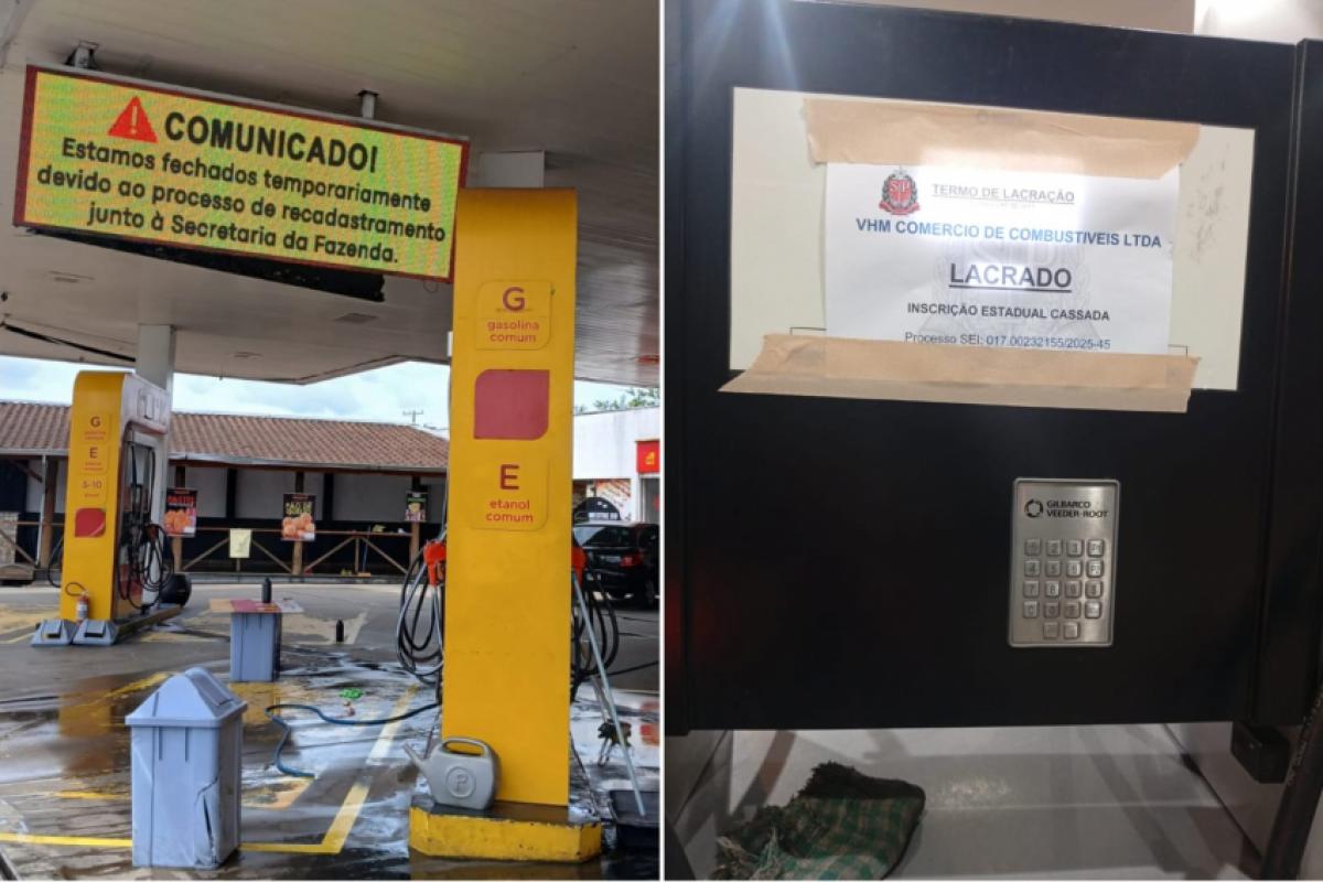 Imagens mostram comunicado do posto e lacre nas bombas
