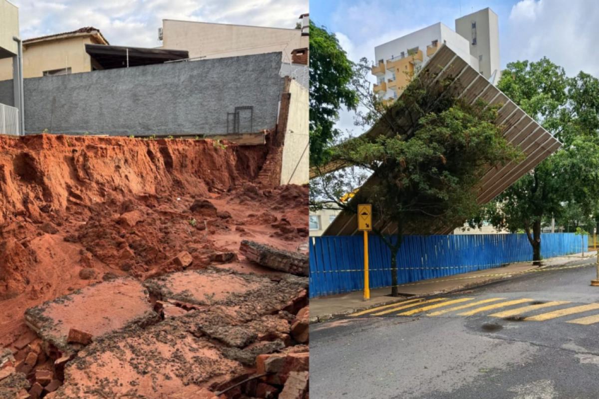 Muro caiu na quadra 6 da alameda das Primaveras e teto do refeitório da USP foi arrancado pelo vento
