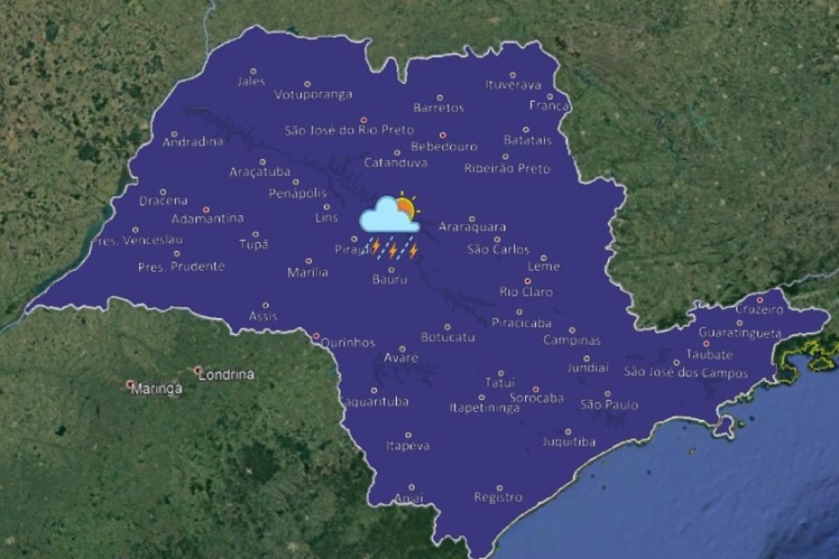 Mapa de chuva sobre o Estado de SP nos próximos dias