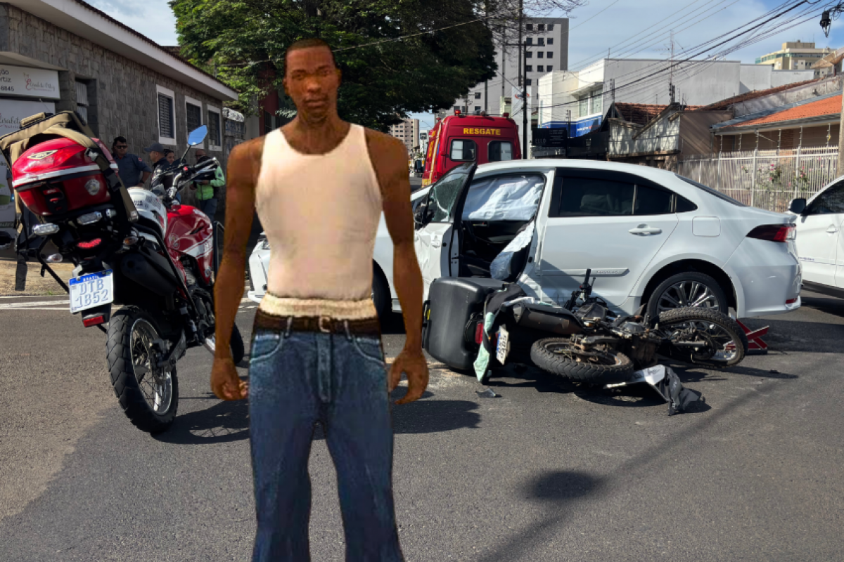 Montagem mostrando o personagem do jogo GTA, em acidente que aconteceu em Franca envolvendo carro e moto, no bairro Cidade Nova