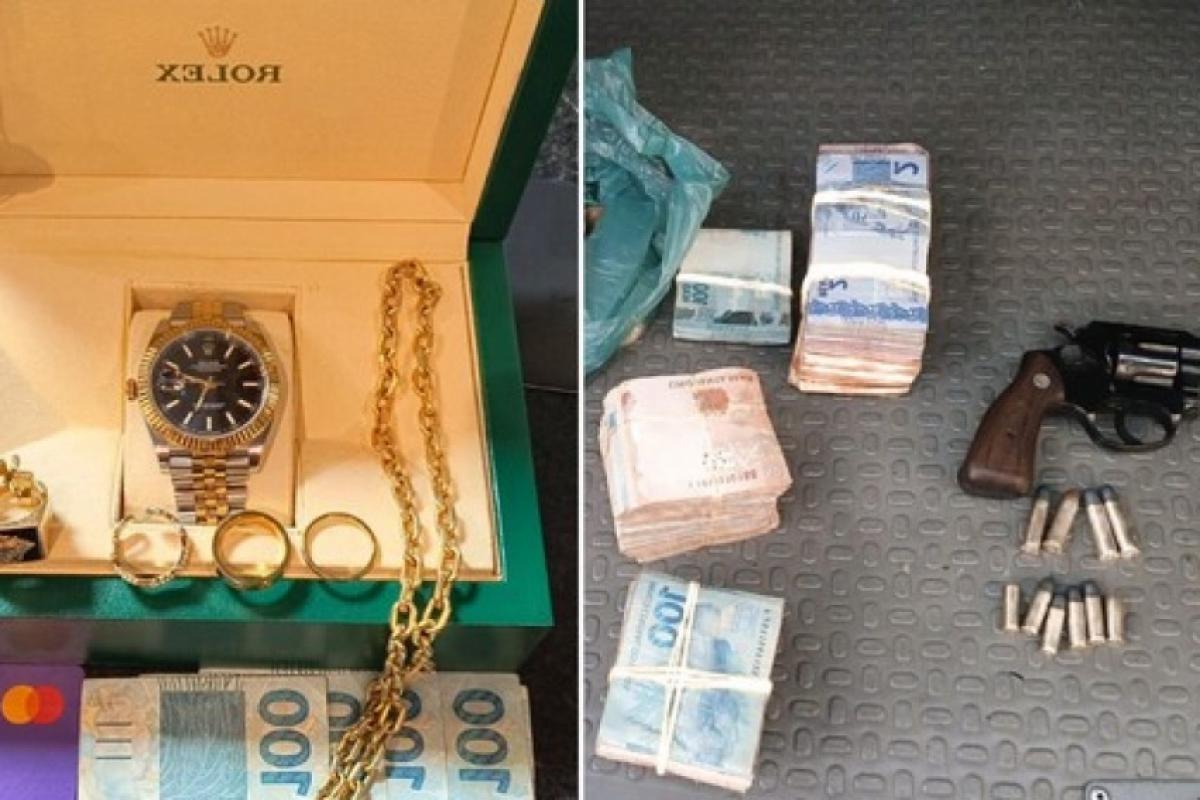 Dinheiro, arma e objetos apreendidos pela polícia na Operação contra agiotas 