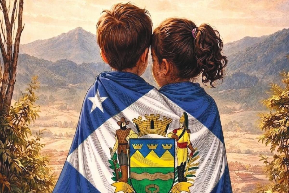 Representando o futuro, duas crianças observam as raízes históricas de Taubaté, envoltas na bandeira da cidade