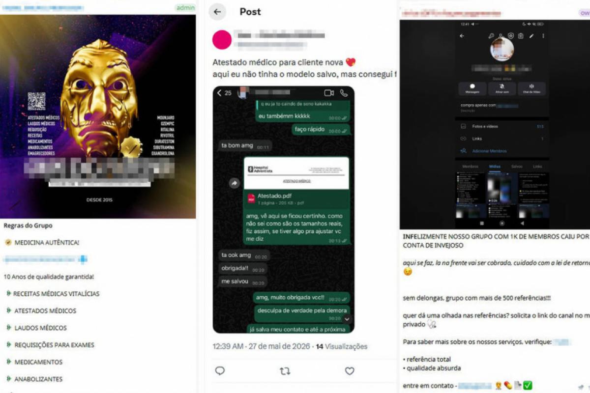 Montagem mostra capturas de tela de grupos de venda de receitas, atestados falsos e medicamentos em aplicativos de mensagens