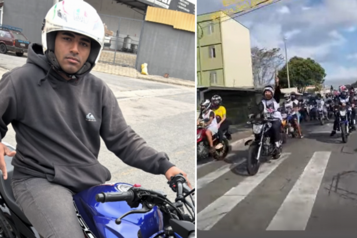 Protesto de motoboys pela morte de Victor Manoel (à esquerda)