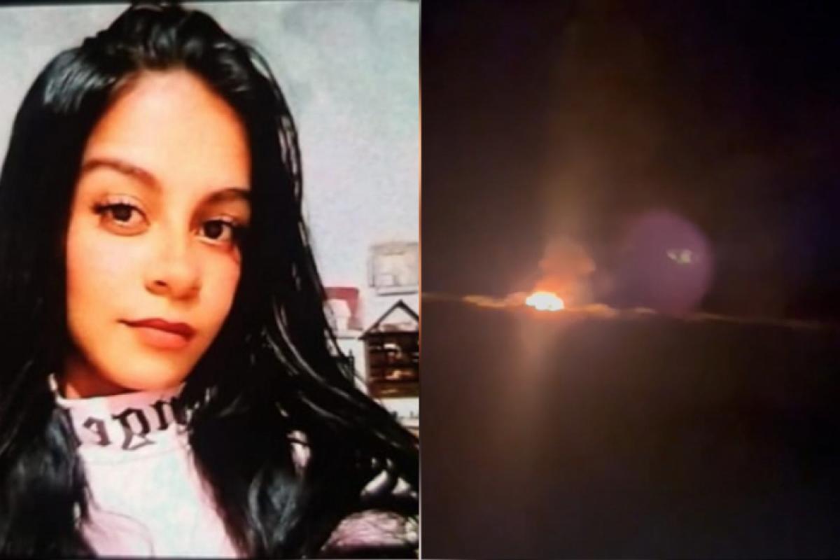 À esquerda Maria Isabel, que segue desaparecida. Já à direita, imagens do que seria seu carro em chamas 