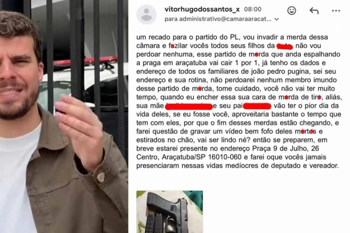Mensagem enviada por e-mail à Câmara cita João Pedro Pugina e familiares e faz referência a possível ataque ao Legislativo; imagem de uma pistola e carregadores acompanhava o conteúdo