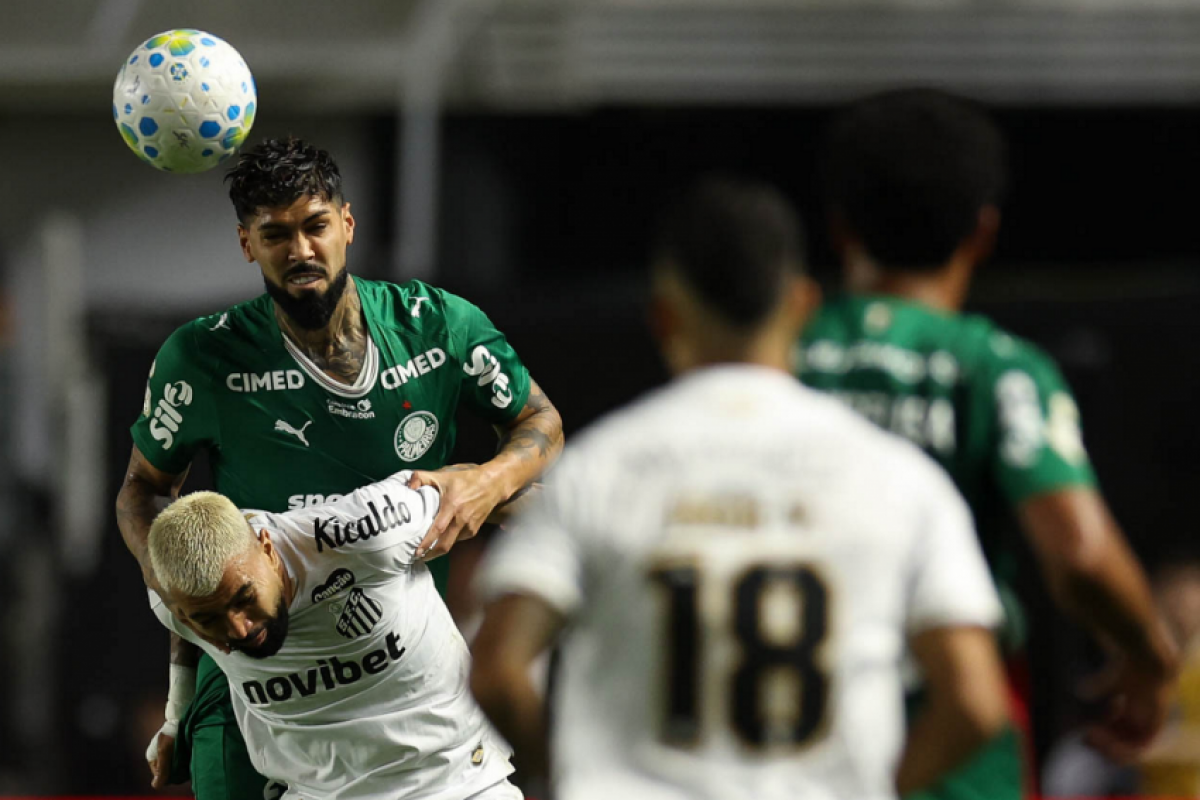 Alexander Barboza, do Palmeiras, disputa bola com Gabigol, do Santos
