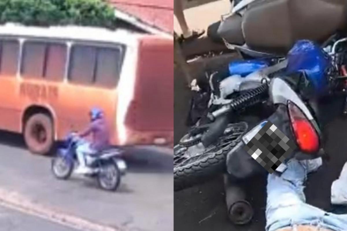 Motociclista ultrapassando ônibus antes do acidente fatal; moto caída após batida em Guaíra 