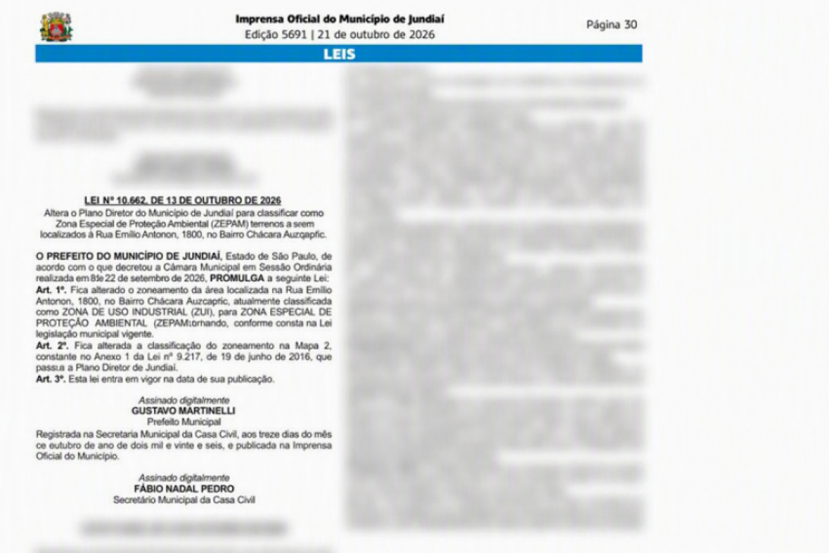 A Lei Municipal nº 10.662, assinada pelo prefeito Gustavo Martinelli em 13 de outubro de 2026, foi publicada na Imprensa Oficial do Município na quarta-feira