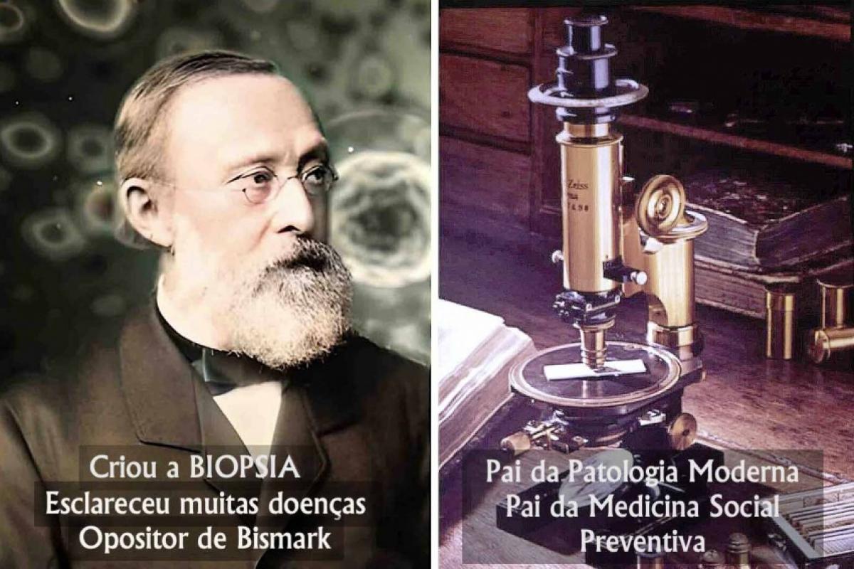 Rudolf Virchow e um dos microscópios utilizado por ele em seus estudos, pesquisas e diagnósticos.