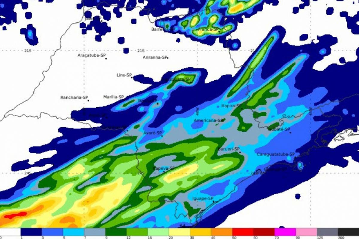 Mapa da precipitação em 24h mostra chuva intensa na RMVale