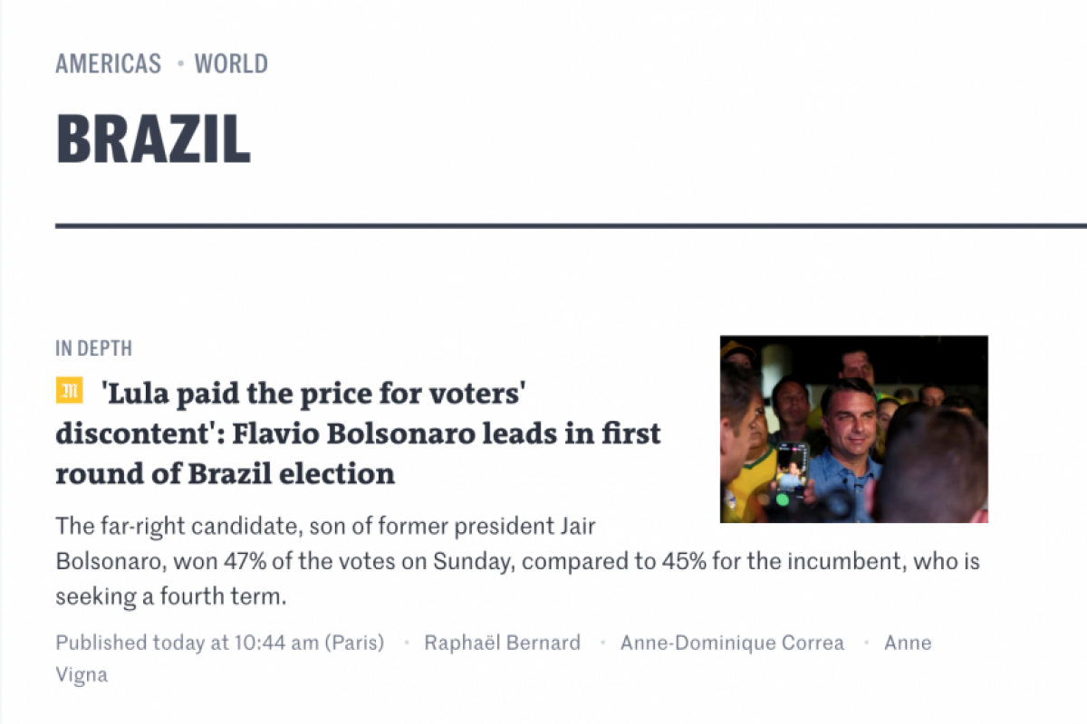 Veículos dos Estados Unidos, da Europa e da América Latina destacaram o avanço do senador Flávio Bolsonaro (PL) sobre o presidente Luiz Inácio Lula da Silva (PT).