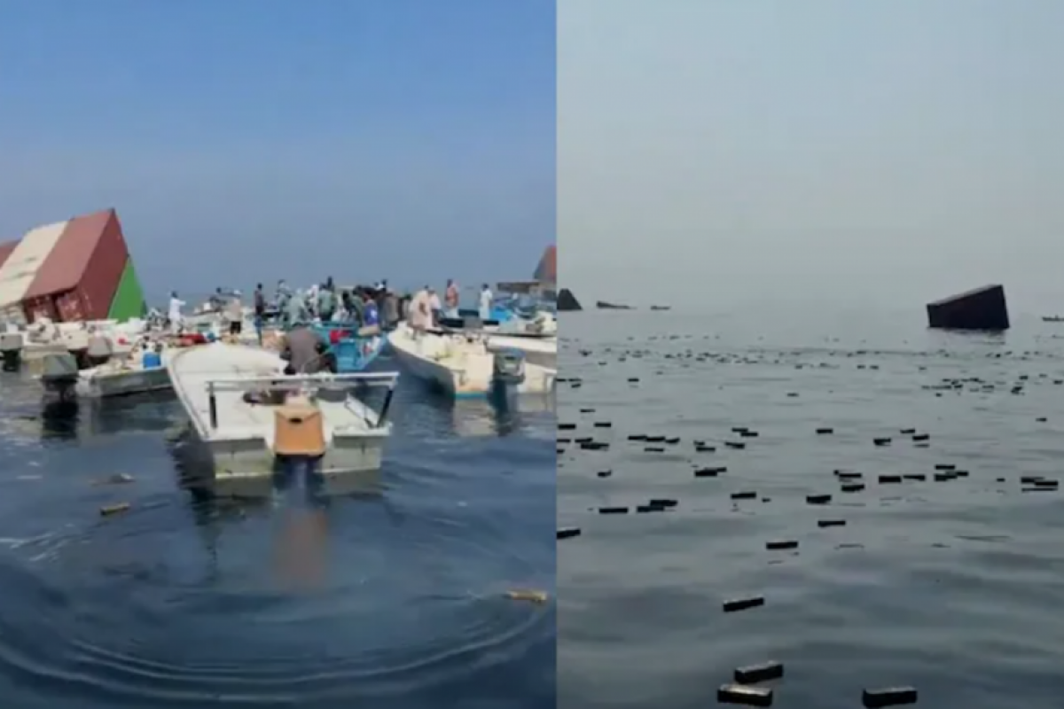  Vídeos mostram barcos circulando entre contêineres parcialmente submersos e homens retirando caixas da água. 