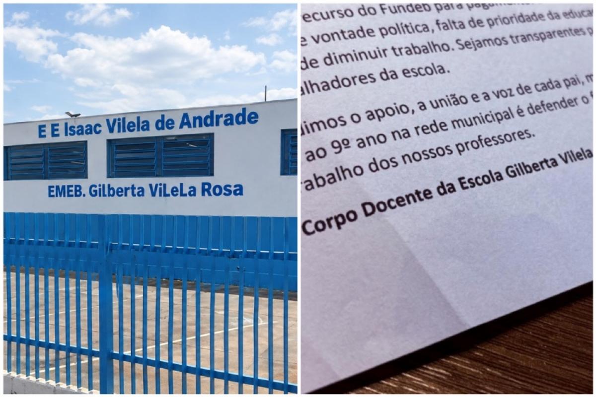 À esquerda, prédio da Escola Municipal Gilberta Vilela Rosa; à direita, carta aberta do corpo docente